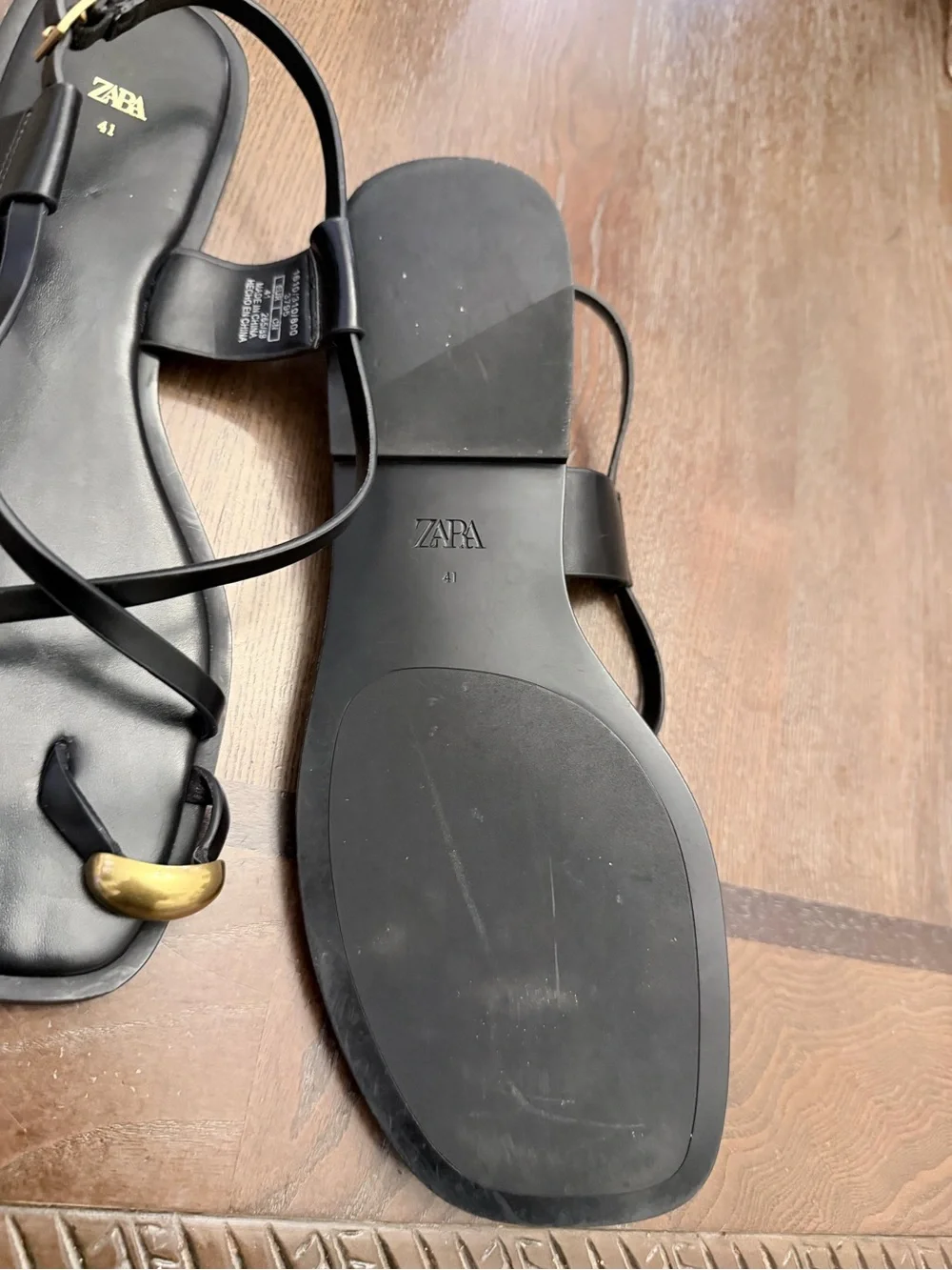 Zara Black Strappy Sandals with Gold Toe Accent - Picture 6 of 6